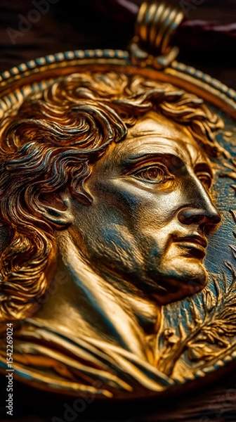 Obraz Golden Relic: A close-up shot showcases a stunning antique golden medallion, intricately carved with a classic portrait, capturing the timeless allure of antiquity.