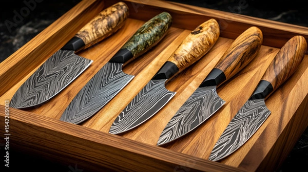 Obraz Artisan Knives Collection: A close-up shot showcases a set of beautifully crafted artisan knives with unique wooden handles, arranged neatly on a wooden tray. the blades shimmer.