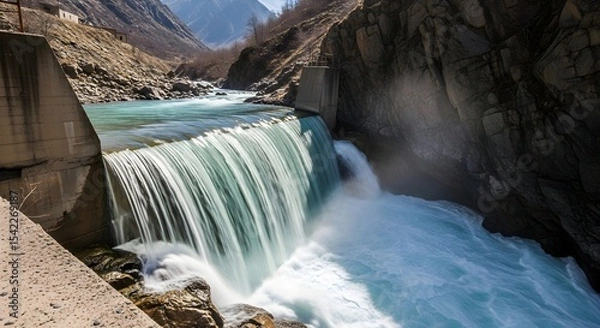 Fototapeta Rushing water cascades over a concrete dam structure in a rocky, mountainous landscape, showing hydroelectric power.