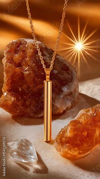 Obraz Golden Bar Necklace: Elegant gold bar necklace on a chain rests on a bed of amber crystals, bathed in warm, radiant light.  