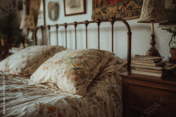 Obraz A close-up photo of an elegant metal bed with floral-patterned bedding