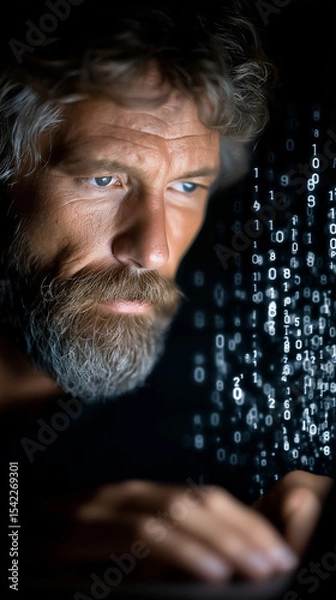 Obraz Digital Sentinel: A focused professional, his gaze unwavering, navigates the intricate realm of cybersecurity, surrounded by the ethereal glow of binary code.