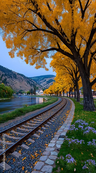 Obraz Autumnal Railroad by River: A picturesque railroad track curves gently alongside a river, framed by vibrant golden autumn trees. The tranquil scene evokes a sense of serenity and journey.