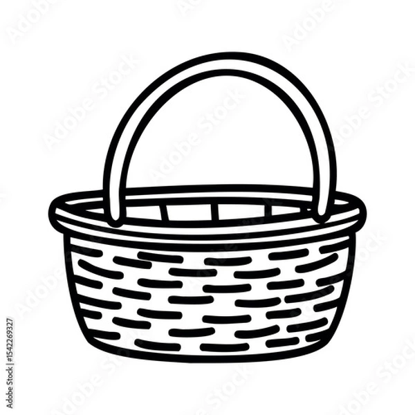 Obraz A simple woven basket with a handle. The basket is empty and has a classic design, suitable for various uses such as storage or decoration.