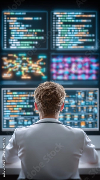 Obraz The Code's Watchman: The silhouette of a focused coder working on a suite of advanced computer screens, his concentration reflecting the intense nature of his work.