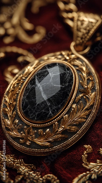 Obraz Antique Pendant's Timeless Allure: An ornate antique pendant with an elegant design. a beautiful black gem is encased within a detailed golden frame on a textured, luxurious red cloth.