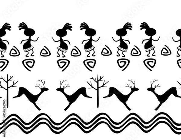 Obraz Seamless pattern in the ethnic style of ancient American Indians with scenes of ritual dances of ancient shamans and animals. EPS10 vector illustration