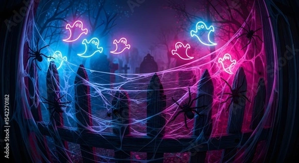 Fototapeta Neon ghosts and spiders on a spooky fence covered in cobwebs. Halloween theme for celebrations and seasonal designs.