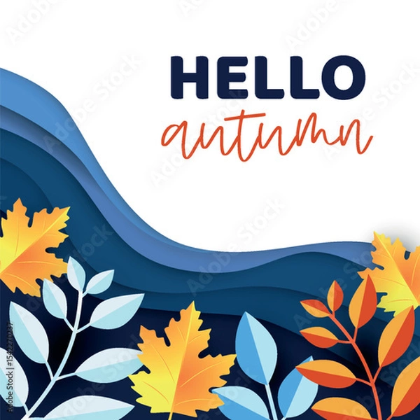 Obraz Colorful autumn leaves with a blue wave background and the text 'Hello Autumn'. The design features various leaf shapes in orange, yellow, and blue hues.