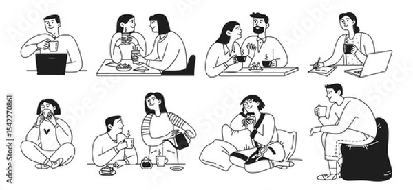 Obraz Doodle set men and women drinking coffee in cafe, restaurant, home. Communication of people over a cup of coffee, tea. Hot drink. Vector isolated illustration
