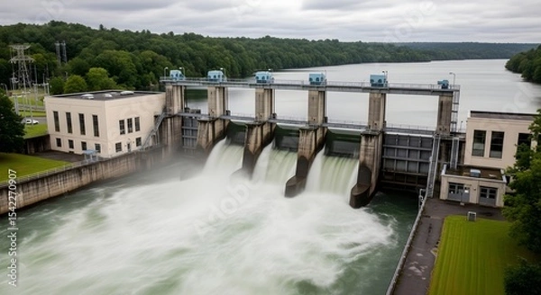 Fototapeta Water flowing from a large concrete dam, a renewable energy source for sustainable power generation.