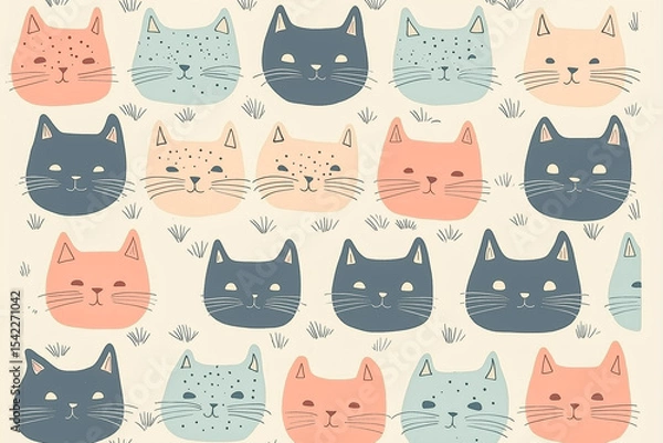 Fototapeta A nostalgic vintage-inspired background with a repeating pattern of delicate small cats in muted colors and soft lighting