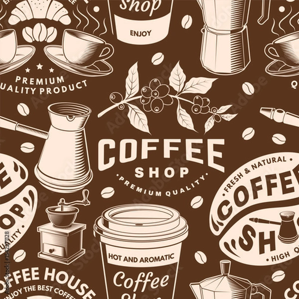 Fototapeta Coffee shop seamless pattern or background. Vector Seamless scene with paper coffee cup, branch of coffee tree, grinder silhouette. Coffee shop background for wallpaper or wrapper