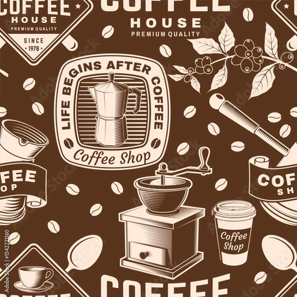 Fototapeta Coffee shop seamless pattern or background. Vector Seamless scene with paper coffee cup, branch of coffee tree, grinder silhouette. Coffee shop background for wallpaper or wrapper