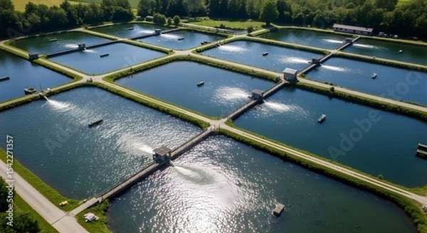 Fototapeta Aerial view of a large fish farm with many rectangular ponds. Aquaculture for fish cultivation. Sustainable production.