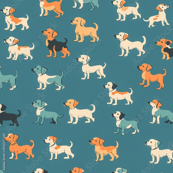 Fototapeta Nostalgic vintage pattern of tiny dogs, retro hues, ideal for wallpapers and decor.