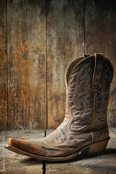 Fototapeta A single worn cowboy boot on a dusty wooden floor, subtle lighting, faded barn wall in the background copy space