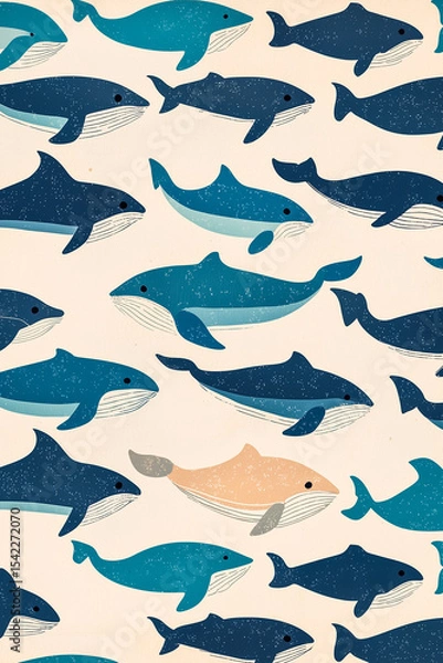 Fototapeta Hundreds of small whales in a retro decoration texture, ideal for interior and packaging design.