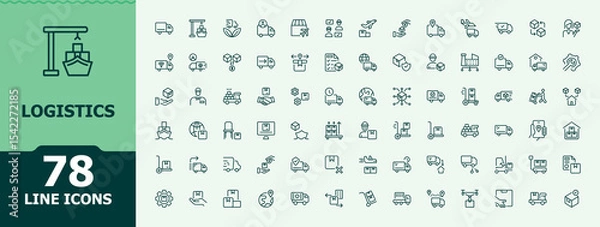 Fototapeta Logistics vector line icon set. Minimalist icons collection. Contains such symbols as transportation, export, shipping, operation, plane. Vector artwork and illustration. Container vector icon set.