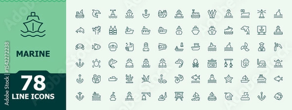 Fototapeta Marine related icon set. Minimal icons pack. Contain linear symbols sea, transportation, maritime, ship, vessel, nautical, shipping. Editable stroke. Pixel Perfect. Ship icon collection.