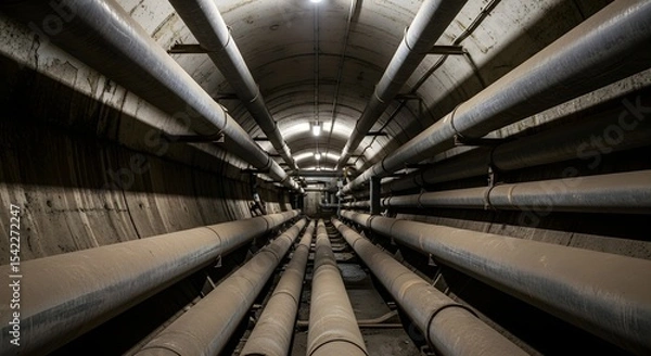 Fototapeta Underground concrete tunnel featuring multiple industrial pipes and bright lights. Utility infrastructure for urban systems.
