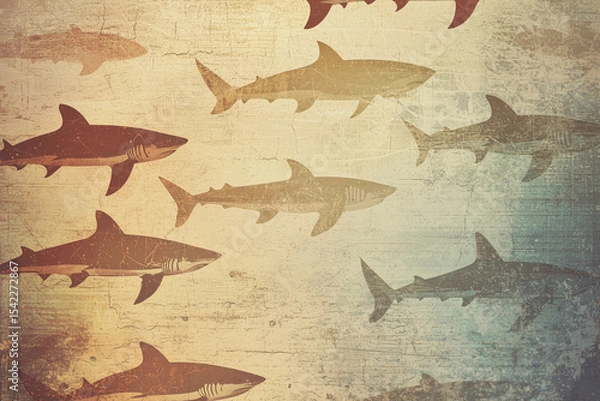Fototapeta Vintage artistic wallpaper design, soft retro hues, decorative texture with small sharks