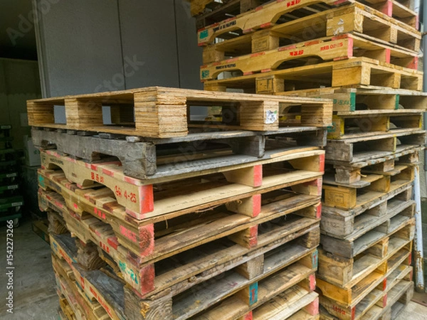 Fototapeta 倉庫に高く積まれた木製のパレット