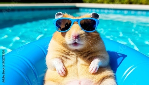 Fototapeta A cute golden hamster wearing blue sunglasses relaxes on a float in a swimming pool. The water is clear and inviting, creating a fun summer vibe.