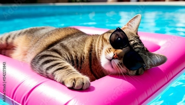 Fototapeta A relaxed tabby cat lounging on a pink float in a swimming pool. The cat wears black sunglasses and enjoys a sunny day by the water.