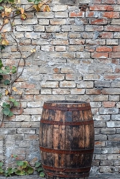 Fototapeta Weathered barrel beside a cracked brick wall, surrounded by creeping vines, with a blank, rustic backdrop for copy space