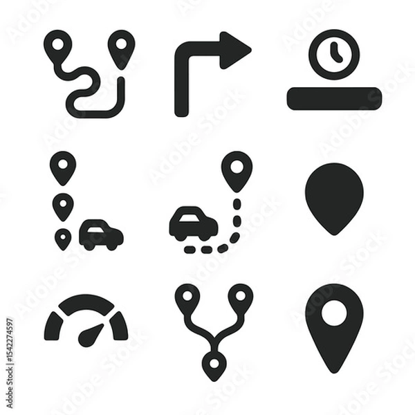 Fototapeta Shared Ride Logistics Icons. Solid style icons of shared ride logistics: route optimization, detour icon, time estimate bar,