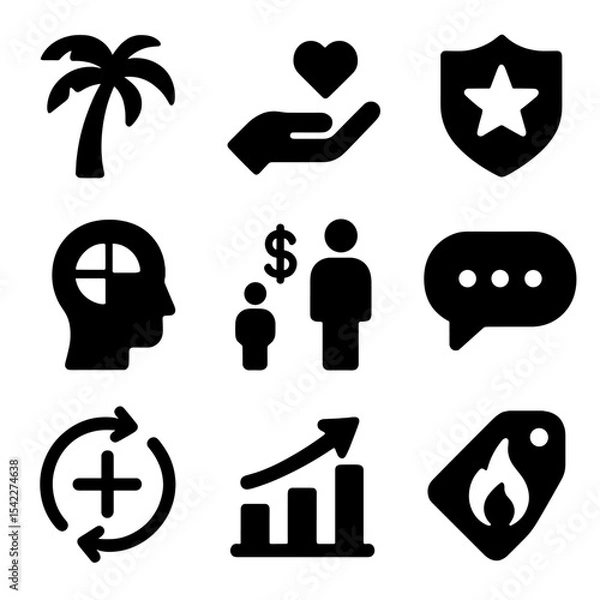 Fototapeta Psychographic Icons. Solid style icons of psychographic segmentation: lifestyle icon, personal values, interest badge, personality