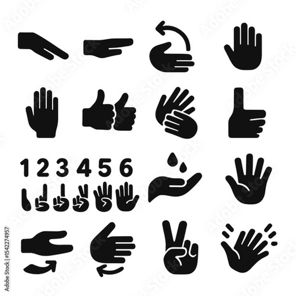 Fototapeta Hand Gesture Icons. Solid style icons of hand gestures: pushing down motion, side palm push, rotated wrist gesture, two hands