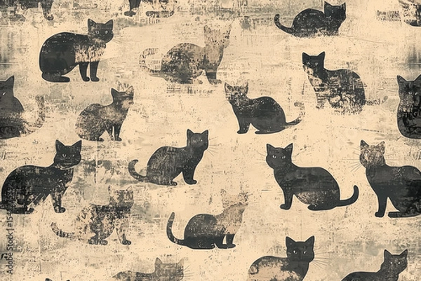 Fototapeta Retro-style art design pattern of layered low-contrast textures, subtly displaying countless small cats in faded detailed accents