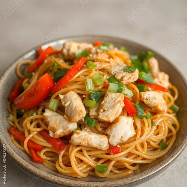 Fototapeta Textura y color en chow mein de pollo recién hecho