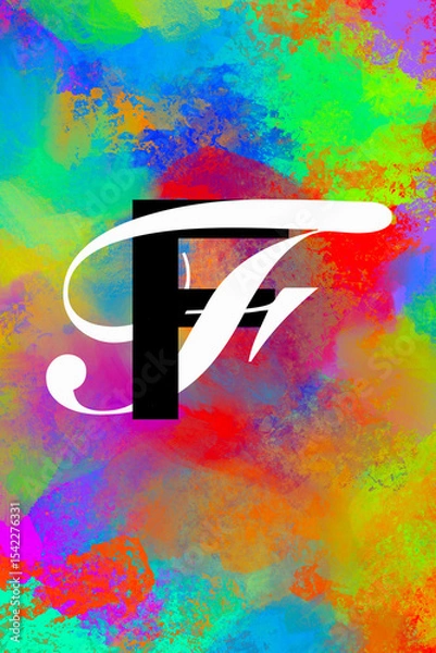 Fototapeta double style typographic drop cap on digitally painted multicolored background, graphic design and lettering, uppercase letter F