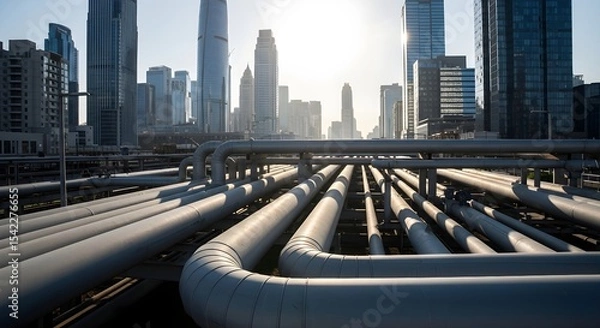 Fototapeta Infrastructure of pipes leading towards a modern city skyline with tall buildings under hazy sky. Industrial network supplying urban area concept.