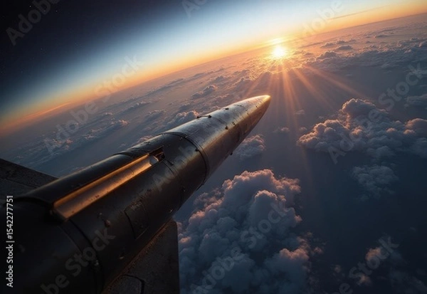 Fototapeta Missile soaring above clouds captures stunning sunset view from high altitude