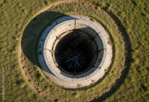 Fototapeta Large circular structure with a propeller located in a grassy field observed from above