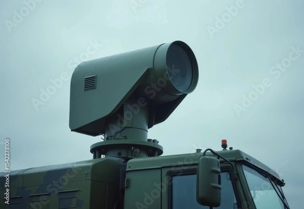 Fototapeta Military radar system mounted on a tactical vehicle for surveillance in overcast skies