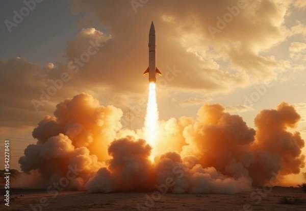 Fototapeta Rocket launch at sunset showcases powerful ascent against a dramatic sky