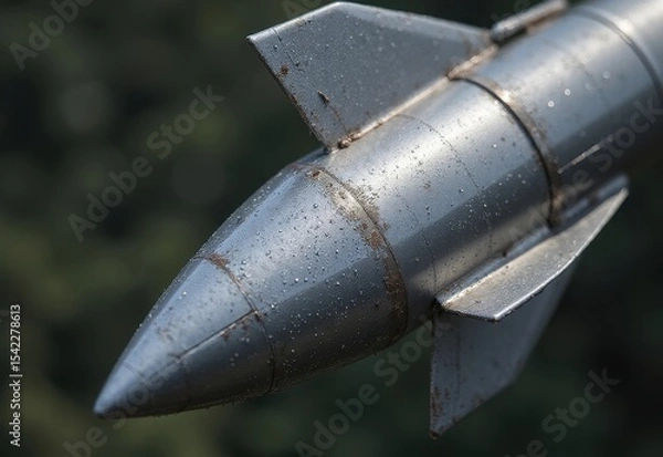 Fototapeta Close-up view of a silver missile on display highlighting intricate details and weathered texture surrounded by greenery