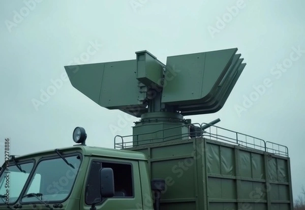 Fototapeta Military vehicle equipped with advanced radar system showcased in an outdoor setting during overcast weather