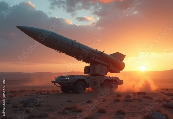 Fototapeta Military missile system launches at sunset in a desolate desert landscape showcasing powerful technology and defense capabilities