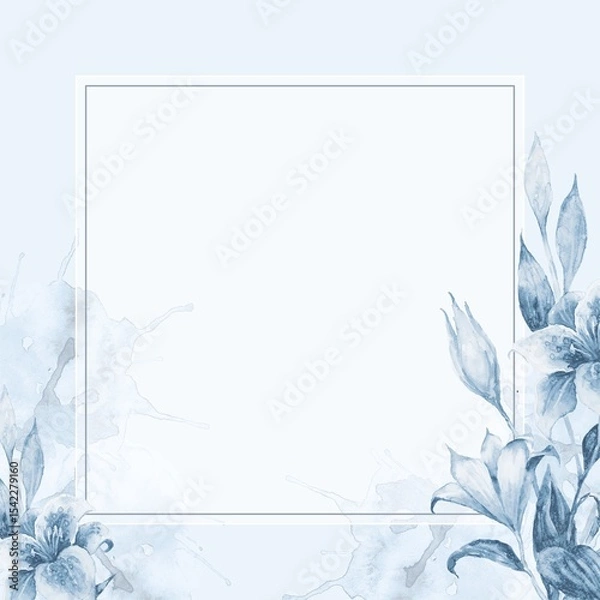 Fototapeta Monochromatic blue watercolor lilies and leaves in a square format. Features a dimensional center panel with soft floral elements Ethereal, cool-toned abstract botanical art for modern design projects