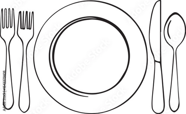 Fototapeta minimalist black and white dining utensils layout — hand-drawn place setting illustration for culinary and hospitality themes
