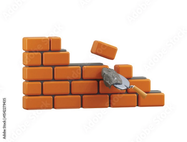 Fototapeta Trowel and bricks wall plaster icon 3d render concept of construction equipment icon vector illustration