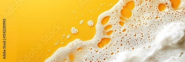 Fototapeta close-up, lush white detergent foam, top view, horizontal banner for a cleaning company or laundry, poster, abstract bright yellow background, copy space, free space for text