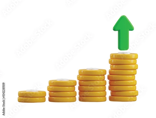 Fototapeta Dollar coin stack with growing arrow chart icon 3d render concept with financial profit money growth icon vector illustration
