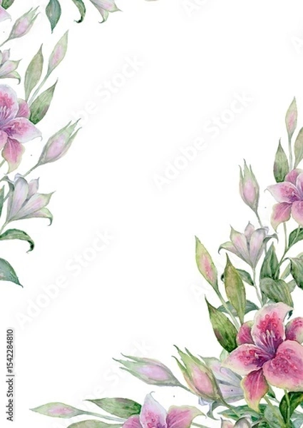 Fototapeta Vertical watercolor background Pink-white lilies with green leaves on branches in lower right and upper left corners Ample white space center Serene floral design for prints, web, or product packaging